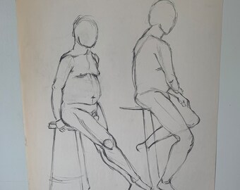 Original figure drawing. Figure sketch, charcoal on newsprint 18x24 inches. Academic live figure study. Add to create a unique gallery wall.