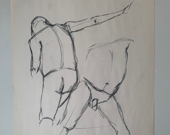 Original figure Drawing. Figure sketch, charcoal on newsprint 18x24 inches. Academic live figure study. Add to create a unique gallery wall.