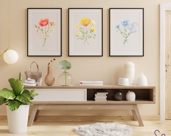 Watercolor Wildflower Wall Art | Wildflower Set of 3 Home Decor | Wild Flower Instant Digital Download Prints | Botanical Downloadable Print