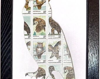 Owl Wisdom (W) - Vintage Postage Stamp Collage Art