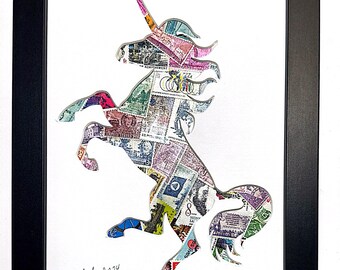 Unicorn Rearing - Vintage Postage Stamp Collage Art