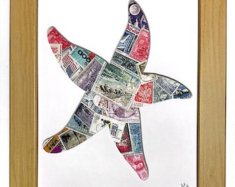 Star Bright Starfish - Vintage Postage Stamp Collage Art