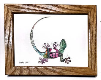 Groovy Gekko (E) - Vintage Postage Stamp Collage Art