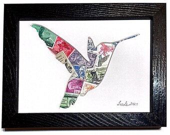 Happy Hummingbird (E) - Vintage Postage Stamp Collage Art