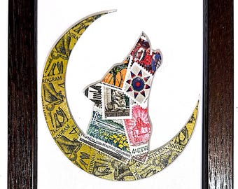 Wolf in Moon Crescent - Vintage Postage Stamp Collage Art