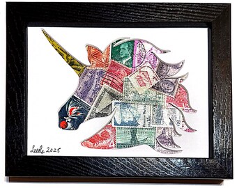 Magical Unicorn Head (W) - Vintage Postage Stamp Collage Art