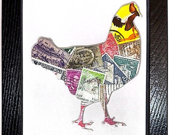 Heavenly Hen (E) - Vintage Postage Stamp Collage Art