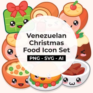 May include: A collection of cartoon-style Venezuelan Christmas food icons, including a gift, roll, and various dishes. The image features the text "Venezuelan Christmas Food Icon Set" and file type information.