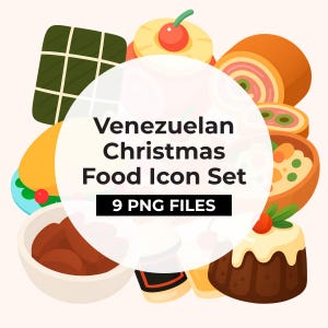 Puede incluir: Ilustración colorida de varios alimentos navideños venezolanos, incluyendo hallacas, pan de jamón y un pastel de frutas. La imagen está etiquetada como "Venezuelan Christmas Food Icon Set" con "9 PNG FILES" debajo.