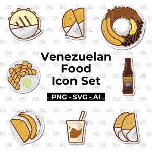 May include: A set of nine colorful stickers featuring Venezuelan food icons. The icons include arepas, tequeños, patacones, cachapas, pabellón criollo, a glass of chicha, a bottle of Maltín Polar beer, and empanadas.