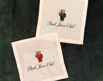 Teddy Bear Custom Embroidered Cocktail Napkins - Ralph Lauren Inspired Jazz Club Entertaining Gifts