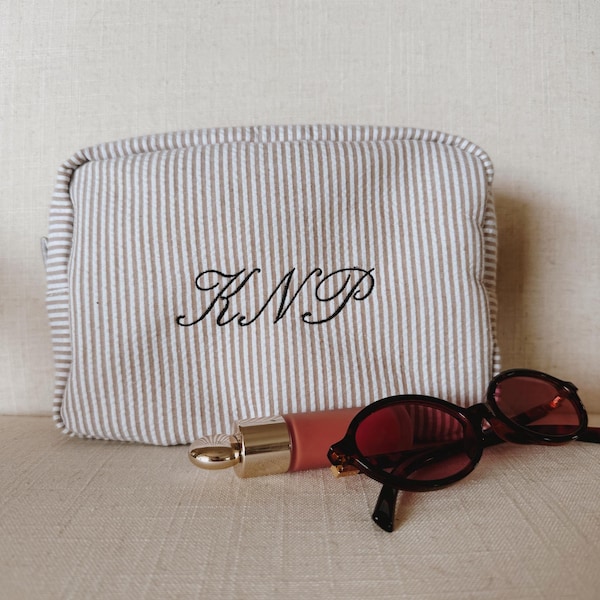 Personalized Initial Seersucker Cosmetic Bag - Coastal Bachelorette East Coast Summer