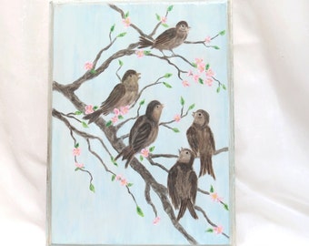 Spring, Painting, Birds, Branches, Farmhouse, Cottage, Shabby, Original