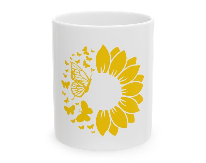 Butterfly & Sunflower Ceramic Mug - Spring Vibes, Gift for Her, Nature Lovers, Coffee Cup, Flower Mug, Inspirational Drinkware
