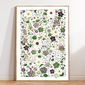 Pressed Flowers Print, Real Flower Art, Botanical Collage, Herbarium, Flower Photography, Botanical Print, Farmhouse Decor, Large Wall Art