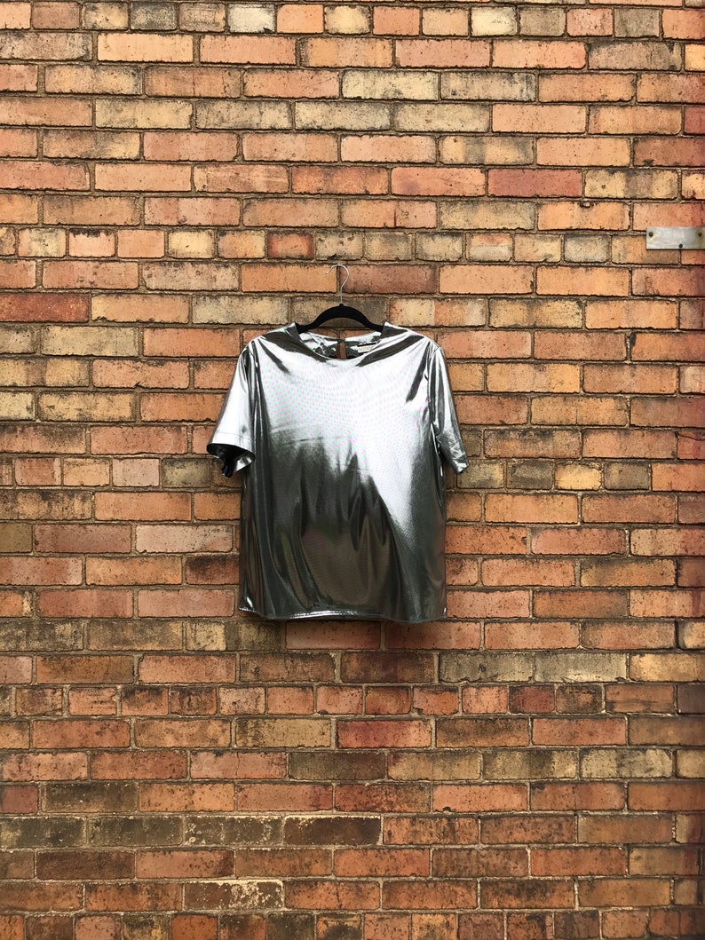 80s vintage silver chrome metallic blouse size small