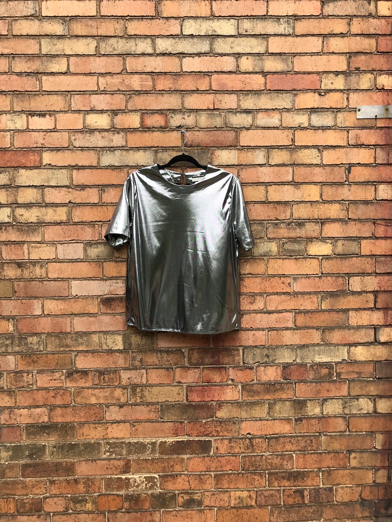 80s vintage silver chrome metallic blouse size small