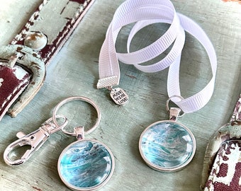 Painting Keychain or Bookmark - Teal Series - Original Acrylic Painting Under Glass - One of a Kind OOAK