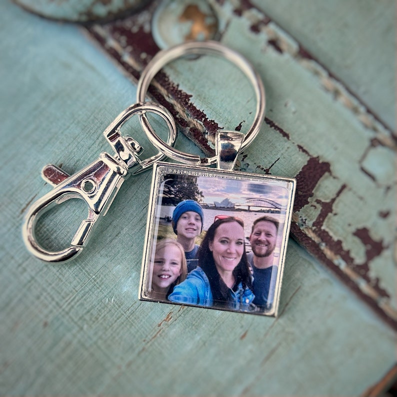 Custom Photo Keychain Glass Photo Keychain with Purse Key Clip Set in Silver Tray image 1