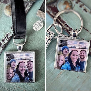Keychain AND Bookmark Combo Gift Set - Choose Shape - Glass Photo Keychain with Lobster Clasp AND Ribbon Bookmark Set in Silver Trays