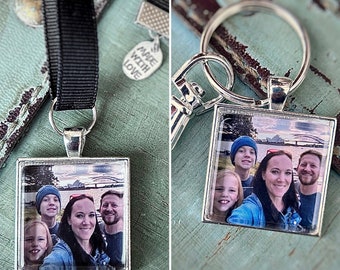 Keychain AND Bookmark Combo Gift Set - Choose Shape - Glass Photo Keychain with Lobster Clasp AND Ribbon Bookmark Set in Silver Trays