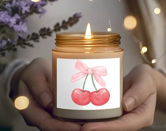 Cherry Coquette Pink Bow, Cherries, Scented 9 oz Glass Jar Candle, Unscented, Coquette Girl Candle