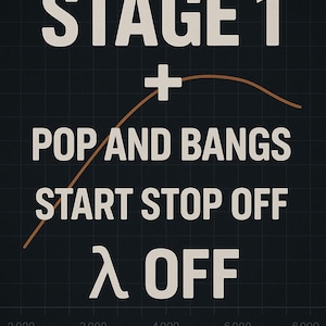 Könnte beinhalten: Grafik mit dem Text "STAGE 1 + POP AND BANGS START STOP OFF λ OFF" in Weiß auf dunklem Hintergrund mit einem Rastermuster. Eine braune Kurve ist ebenfalls vorhanden.