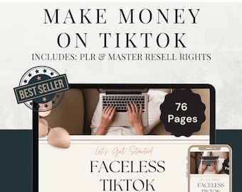 May include: Digital marketing guide titled "Make Money on TikTok" with "Faceless TikTok Marketing" on the cover. The image includes a laptop, a smartphone, and a "Best Seller" badge. The guide is 76 pages long and includes PLR and master resell rights.