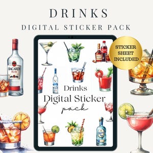 May include: A digital sticker pack of 42 pre-cropped PNG stickers featuring watercolor illustrations of various drinks, including cocktails, beer, and liquor bottles. The sticker sheet is included.  The text "Drinks Digital Sticker Pack" is displayed on a tablet screen.