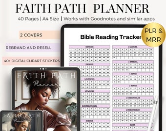 May include: A digital planner with a pink and white color scheme. The planner is titled "Faith Path Planner" and includes a Bible reading tracker with a grid of numbers for each book of the Bible. The planner is designed for use with Goodnotes and similar apps. The image also includes a digital illustration of a woman reading a book.