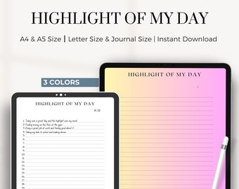 Könnte beinhalten: Eine digitale Planer-Vorlage mit dem Titel "Highlight of My Day" in weißer Schrift auf einem rosa-gelben Farbverlaufshintergrund. Die Vorlage enthält eine Liste nummerierter Zeilen, um tägliche Highlights aufzuschreiben. Der Text "3 Colors" und "3 Ways to Use | Works with Goodnotes and Similar Apps" ist ebenfalls enthalten.