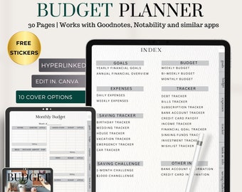 May include: Digital budget planner with a clean, minimalist design. The image shows a tablet displaying the index, with sections for goals, expenses, and trackers. Includes free stickers and is hyperlinked.