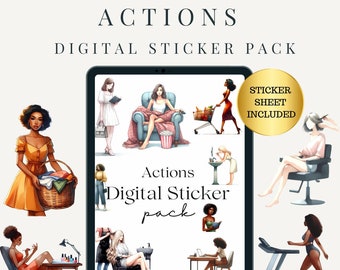 May include: A digital sticker pack with 54 pre-cropped PNG stickers featuring illustrations of women in various activities, including shopping, relaxing, getting ready, working, and exercising. The sticker sheet is included.