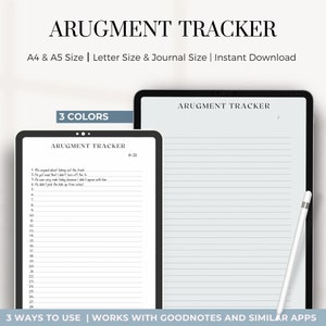 May include: A digital planner template for tracking arguments. The template has a light blue background with a white grid and the text "Argument Tracker" at the top. The template is designed for use with Goodnotes and similar apps.