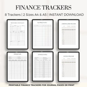 May include: Eight printable finance trackers in two sizes, A4 and A5. The trackers include a monthly budget, spending tracker, credit score tracker, sinking funds, 52 week saving, and savings tracker.
