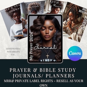 Op de afbeelding: Een advertentie met digitale journals en planners. De centrale afbeelding is een tablet met een journalcover met de tekst "My Prayer 2024". Rondom zijn afbeeldingen van andere journals met titels als "Bible & Prayer Journal" en "Bible Devotion Journal".