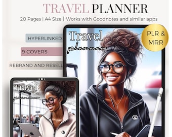 Peut inclure: Un modèle de planificateur numérique pour la planification de voyages. La couverture présente une femme portant des lunettes sur un fond sur le thème du voyage. Le texte "Travel Planner" est affiché sur la couverture. Le modèle est entièrement modifiable dans Canva et comprend des liens hypertextes.