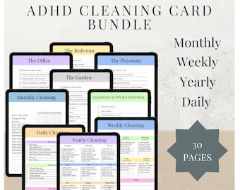 May include: A digital cleaning card bundle for organizing and completing cleaning tasks. The bundle includes 30 pages of printable checklists for daily, weekly, monthly, and yearly cleaning tasks. The checklists are organized by room, including the bedroom, office, garden, and playroom. The bundle also includes a cleaning supplies restock checklist.