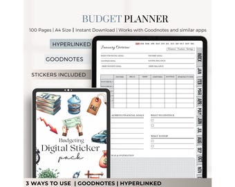 May include: A digital sticker pack for budgeting with a tablet screen showing a monthly budget planner. The sticker pack includes a sale sign, a stack of cash, a jar of coins, a check, a car, a clock, and a potted plant. The text on the tablet screen says "January Overview" and includes a table for tracking income, bills, debt, expenses, savings, and sinking funds. The text on the sticker pack says "Budgeting Digital Sticker Pack".