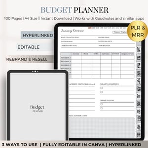 May include: A digital budget planner template shown on a tablet screen. The template features sections for monthly income, expenses, savings, and debt repayment goals. The template is fully editable and hyperlinked, making it easy to personalise and use.