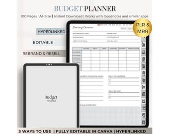 May include: A digital budget planner template displayed on a tablet screen. The template includes sections for monthly income, expenses, savings, and debt payoff goals. The template is fully editable and hyperlinked, making it easy to customize and use.