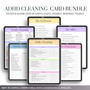 ADHD-schoonmaakplannerbundel pdf bewerkbaar Canva | Schoonmaakschema voor thuis | Wekelijkse, maandelijkse, jaarlijkse schoonmaakchecklist, opruimen | Takenschema