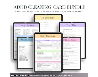 May include: A digital ADHD cleaning card bundle with daily, weekly, monthly, and yearly checklists. The bundle includes editable templates for the bedroom, office, and living room, with a clean, organized layout. The text "ADHD Cleaning Card Bundle" is at the top.