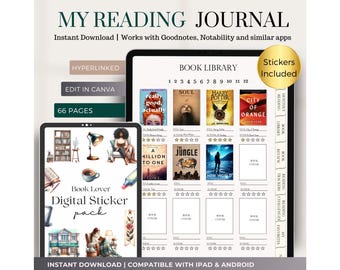 May include: A digital planner for tracking reading progress. The planner features a book library section with 12 book covers, a reading tracker, and a section for challenges and favourites. The planner is compatible with iPad and Android devices. The image also includes a digital sticker pack with illustrations of books, coffee cups, and a lamp.