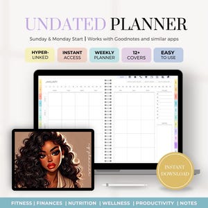 Pode incluir: Um computador portátil exibindo um planejador digital com um layout de calendário semanal. O planejador não está datado e tem um fundo azul claro com uma grade branca. O laptop está em uma superfície branca com uma caneta branca ao lado. O texto "UNDATED PLANNER" está no topo da tela. O texto "Sunday & Monday Start | Works with Goodnotes and similar apps" está abaixo do título. Existem cinco botões coloridos abaixo do texto: "HYPER-LINKED", "INSTANT ACCESS", "WEEKLY PLANNER", "12+ COVERS" e "EASY TO USE".