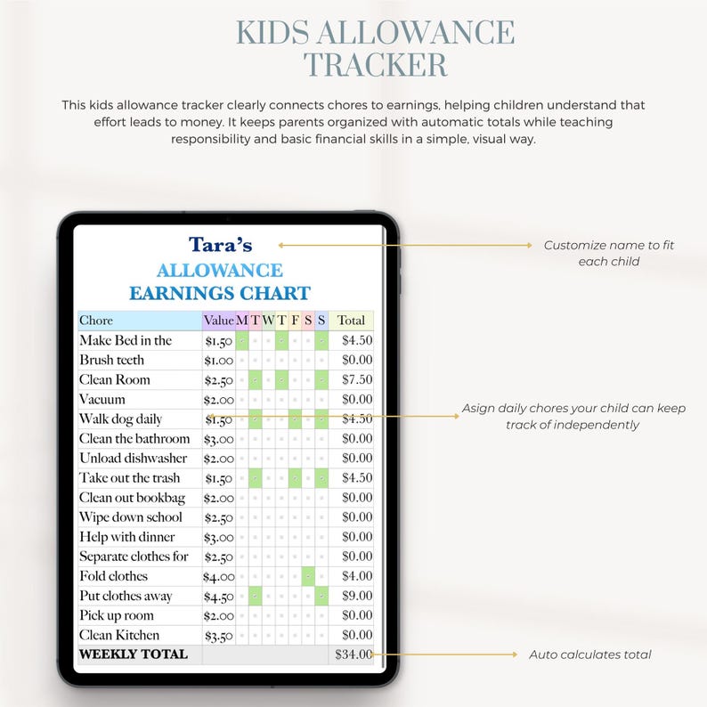 Kids Allowance Tracker for Apple Numbers | Editable Chore Chart ...