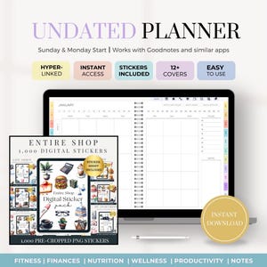 Pode incluir: Um planejador sem data com um pacote de adesivos digitais. O planejador está aberto a janeiro e tem um layout de grade. O pacote de adesivos inclui 1.000 adesivos PNG pré-cortados para fitness, finanças, nutrição, bem-estar, produtividade e notas.
