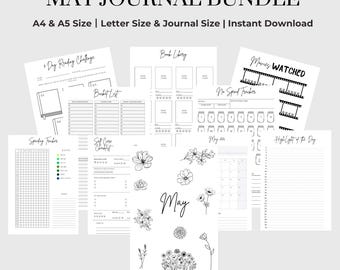May Planner & Journal Bundle | Printable Monthly Planner | Habit Tracker, Spending Tracker, Self Care, Fitness | A4 A5 Letter | GoodNotes Di