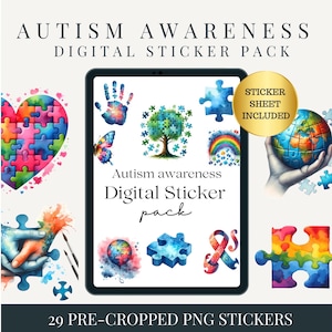 May include: A digital sticker pack with 29 pre-cropped PNG stickers featuring watercolor illustrations of puzzle pieces, a heart, a tree, a rainbow, a hand holding a globe, and a ribbon. The sticker sheet is included. Autism awareness digital sticker pack.