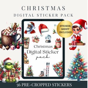 May include: A digital sticker pack with 56 pre-cropped stickers featuring a variety of Christmas themes, including a Grinch, a Christmas tree, a snowman, a Santa Claus, and a hot chocolate mug. The text "Christmas Digital Sticker pack" and "STICKER SHEET INCLUDED" is visible on the image.